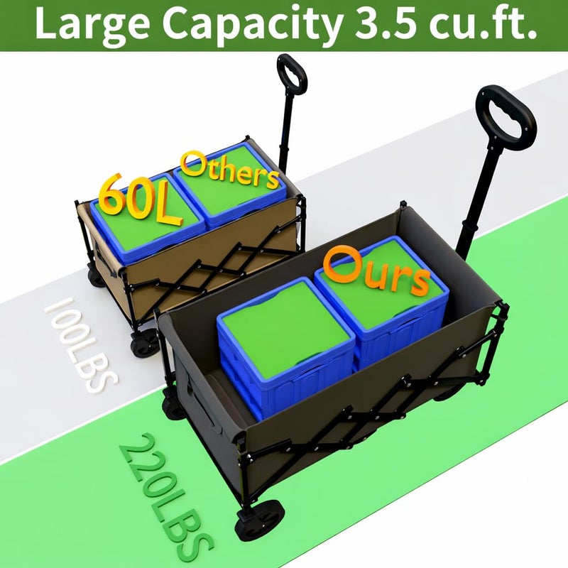 Hoople Collapsible Wagon with Wheels, Wagons Carts Foldable 220 lbs Heavy Duty, Folding Utility Wagon Cart with All-Terrain Wheels, Telescoping Handle & 2 Cup Holders for Beach Garden Grocery Shopping - Image 3