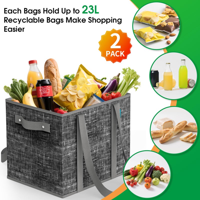 Fab totes Reusable Grocery Bags, Large Foldable Shopping Tote Bags with Reinforced Handles & Hard Bottom,Water Resistant Grocery Bags for kitchen,Picnic,2 Pack, Black - Image 4
