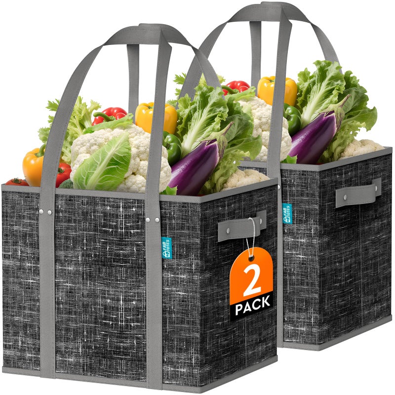 Fab totes Reusable Grocery Bags, Large Foldable Shopping Tote Bags with Reinforced Handles & Hard Bottom,Water Resistant Grocery Bags for kitchen,Picnic,2 Pack, Black - Image 1