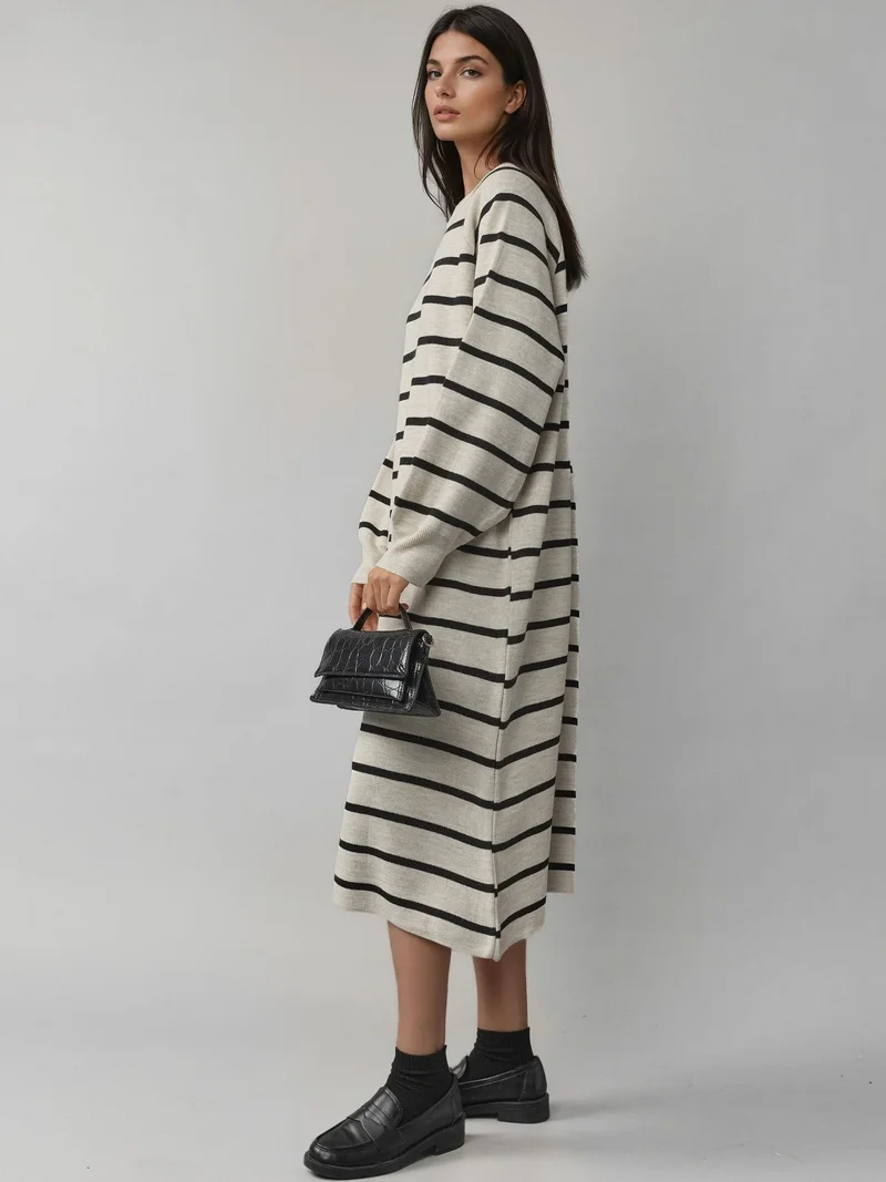 MY FASHION Stone Natural MY FASHION Long Sleeve Striped Ribbed Knit Dress for Women | Best Price UAE