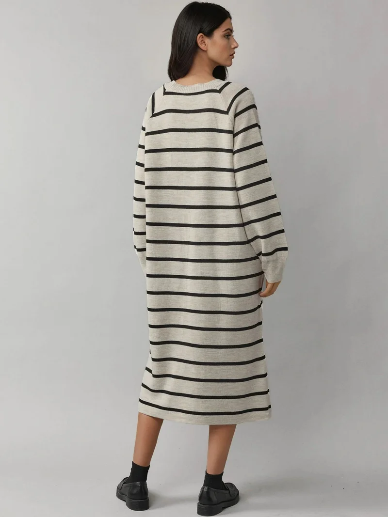 MY FASHION Stone Natural MY FASHION Long Sleeve Striped Ribbed Knit Dress for Women | Best Price UAE