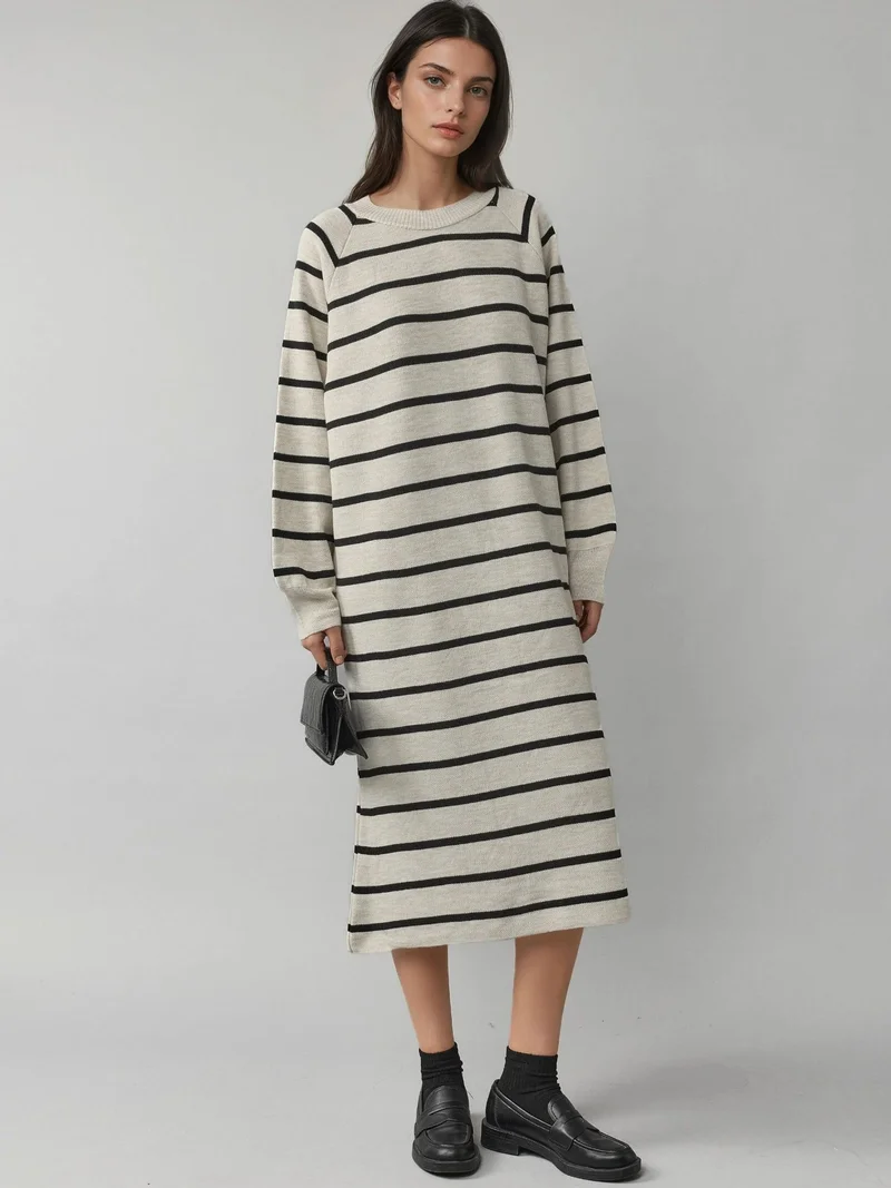 MY FASHION Stone Natural MY FASHION Long Sleeve Striped Ribbed Knit Dress for Women | Best Price UAE