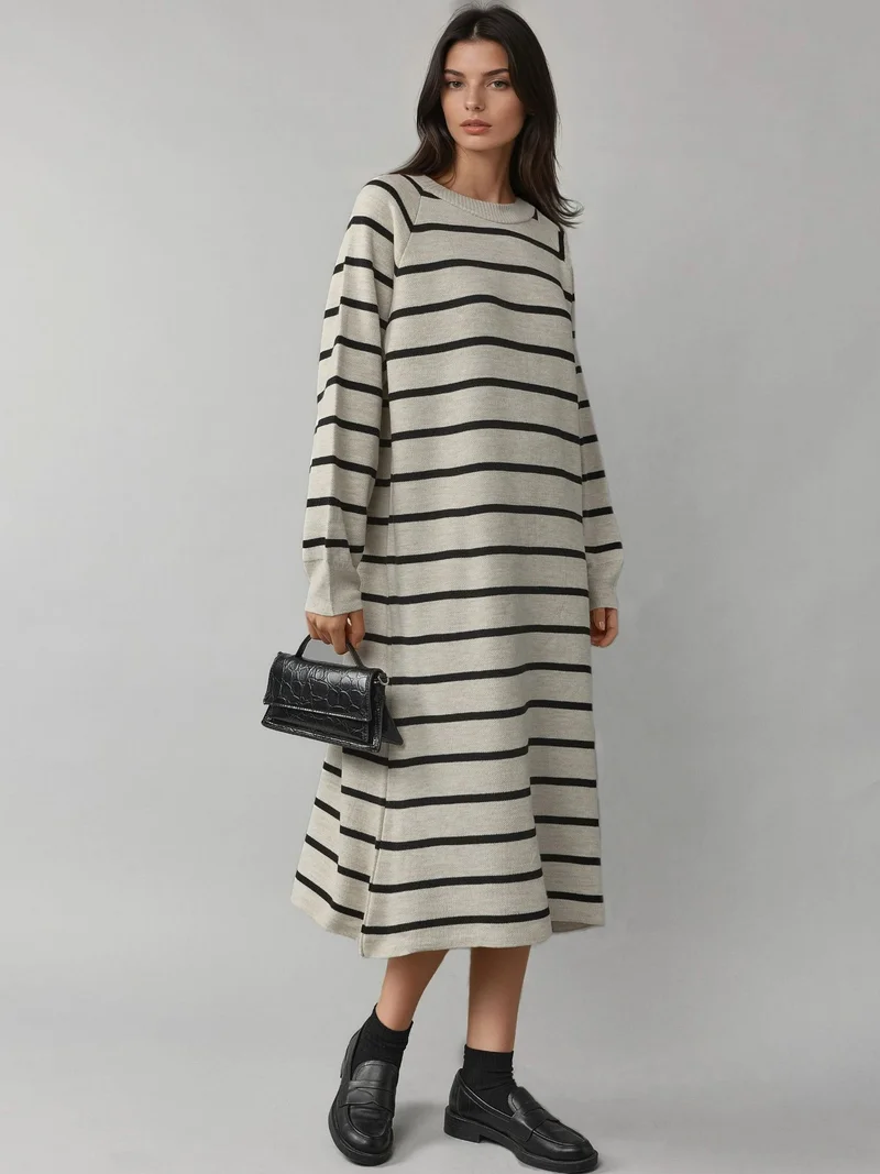 MY FASHION Long Sleeve Striped Ribbed Knit Dress