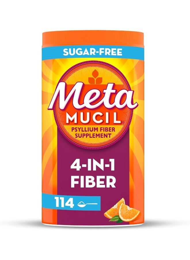 Metamucil مكمل ألياف 4 في 1 من السيليوم، مسحوق خالي من السكر بنكهة البرتقال السلسة 114 حصة - Image 1
