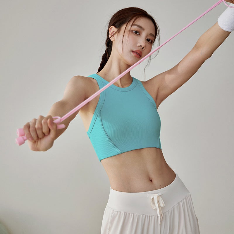 Shockproof Sports Underwear Womens Summer One-piece Cup Breathable Outer Wear Running Beauty Back Yoga Clothing Vest Fitness Bra suit Sky blue [short one cup]]