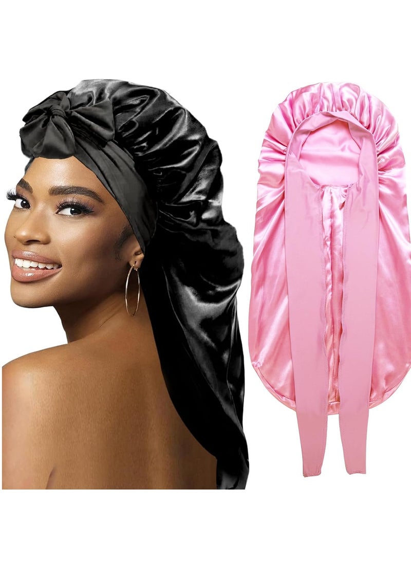 WOZUTUNT - 2Pcs Bonnets for Black Women Braid Bonnet, Large Long Satin Bonnet for Braids, Silk Bonnet with Stretchy Tie Band Sleep Cap Hair (2Pcs-Black&Pink) - Image 1
