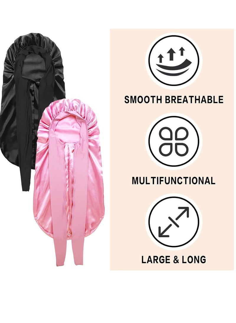 WOZUTUNT - 2Pcs Bonnets for Black Women Braid Bonnet, Large Long Satin Bonnet for Braids, Silk Bonnet with Stretchy Tie Band Sleep Cap Hair (2Pcs-Black&Pink) - Image 1