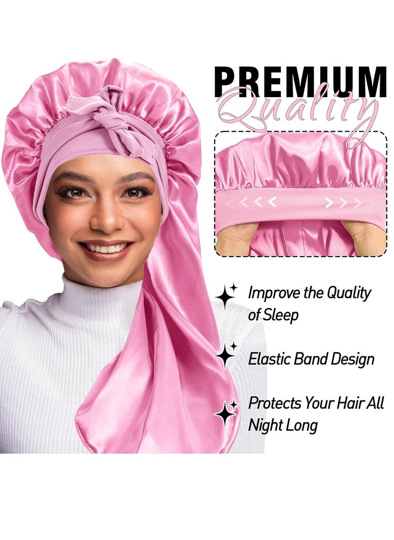 WOZUTUNT - 2Pcs Bonnets for Black Women Braid Bonnet, Large Long Satin Bonnet for Braids, Silk Bonnet with Stretchy Tie Band Sleep Cap Hair (2Pcs-Black&Pink) - Image 1