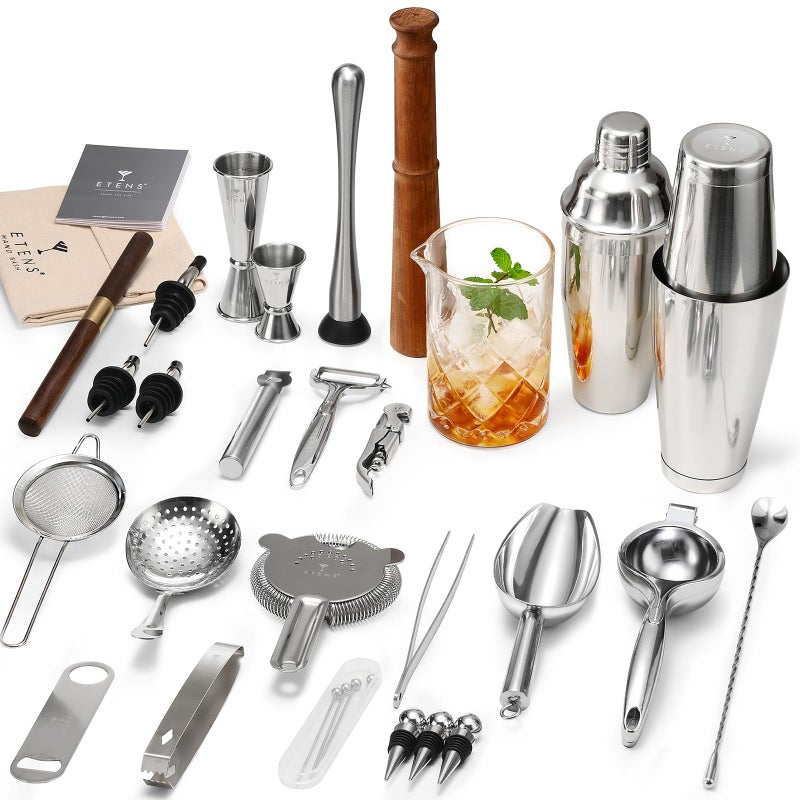 ETENS 33-Piece Professional Bartender Kit with Weighted Boston Shaker â€“ High End Mixology Set for Home Bar â€“ Stainless Steel Barware Tool Set Unbreakable Citrus Squeezer, Ice Scoop & Mixing Glass - Image 1