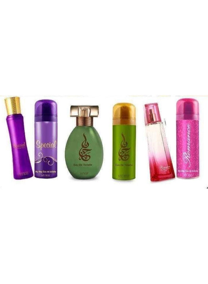 set of 6 pieces for women, 3 perfumes and 3 sprays