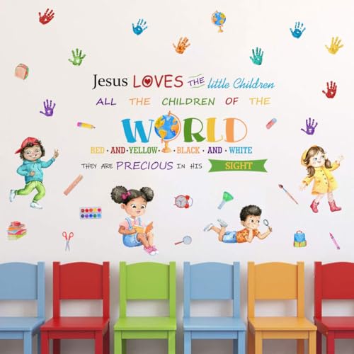 YIMEHDAN Jesus Loves The Little Children Equality Wall Decal Bible Verses Inspirational Quote Handprint Vinyl Wall Stickers Removable Learning Student Artwork for School Classroom Playroom Decor - Image 1