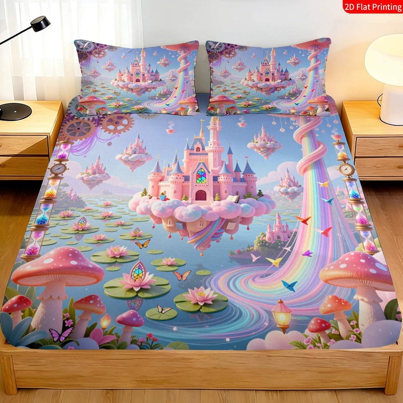 2 3pcs Twin Size Flat Bed Skirt Set Latest Mixed Color Fantasy Princess Castle Style Magical Fairy Tale Bedding Pink Blue Clouds Mushrooms Gears Print Dreamy Bedroom Decor Without Pillowcase Core - Image 1
