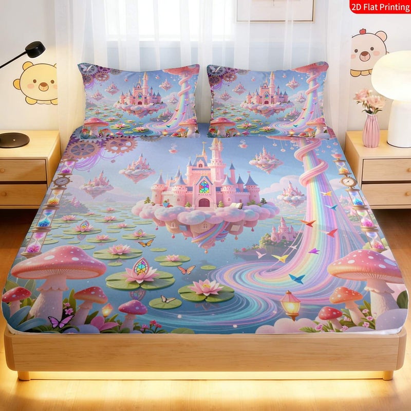 2 3pcs Twin Size Flat Bed Skirt Set Latest Mixed Color Fantasy Princess Castle Style Magical Fairy Tale Bedding Pink Blue Clouds Mushrooms Gears Print Dreamy Bedroom Decor Without Pillowcase Core - Image 4