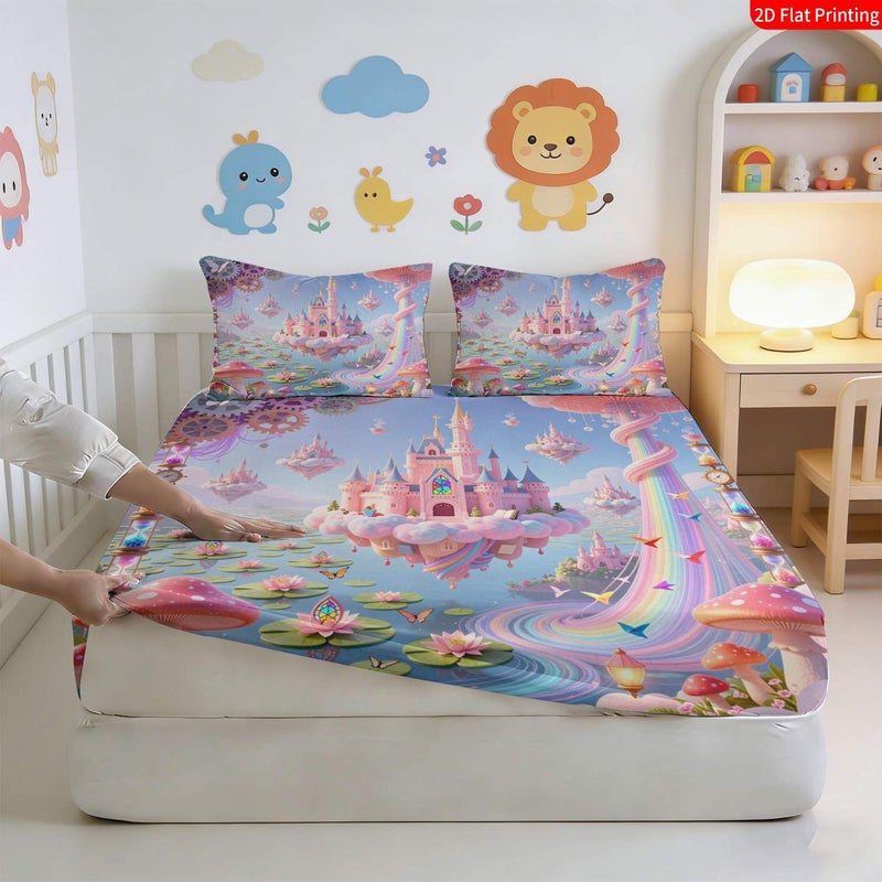 2 3pcs Twin Size Flat Bed Skirt Set Latest Mixed Color Fantasy Princess Castle Style Magical Fairy Tale Bedding Pink Blue Clouds Mushrooms Gears Print Dreamy Bedroom Decor Without Pillowcase Core - Image 5
