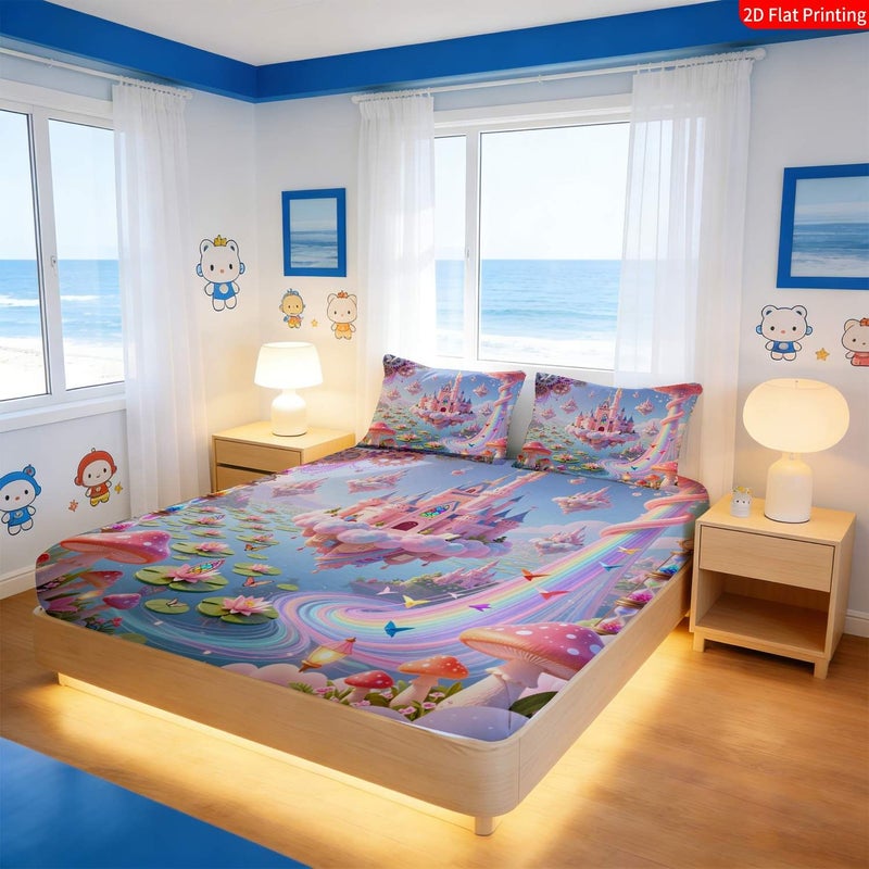 2 3pcs Twin Size Flat Bed Skirt Set Latest Mixed Color Fantasy Princess Castle Style Magical Fairy Tale Bedding Pink Blue Clouds Mushrooms Gears Print Dreamy Bedroom Decor Without Pillowcase Core - Image 2