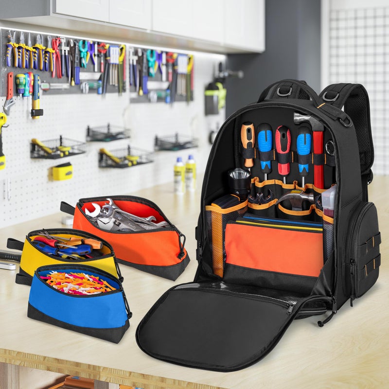 Rexmica Tool Bag Backpack with 3 Tool Zipper Pouch, Tool Organizer Bag for Men with Padded Support, Tactical Tool Storage Work Bag for Repairman, Electrician, Handyman, Black (Patented Design) - Image 2