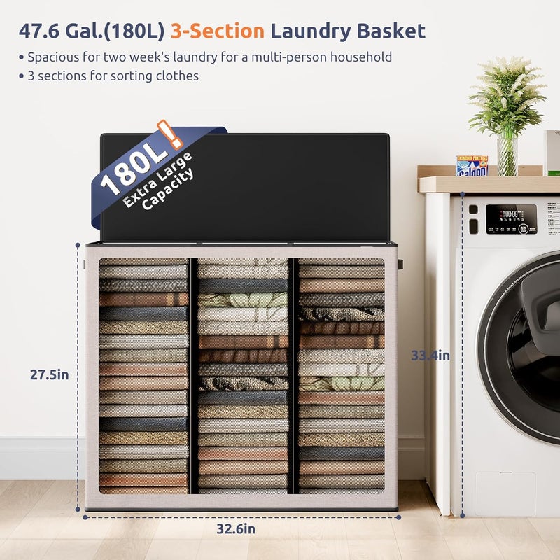SOLEDI 180L 3-Section Laundry Hamper with Lid, Extra Large Dirty Clothes Basket with Sturdy Handles for Laundry Room & Bedroom - Durable Organizer for Sorting Laundry - Image 2
