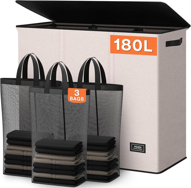 SOLEDI 180L 3-Section Laundry Hamper with Lid, Extra Large Dirty Clothes Basket with Sturdy Handles for Laundry Room & Bedroom - Durable Organizer for Sorting Laundry - Image 1