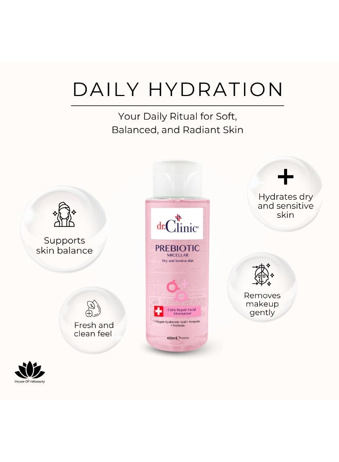 dr.Clinic DR. CLINIC | Prebiotic Micellar Water for Dry & Sensitive Skin | Gentle Makeup Remover & Hydrating Cleanser | Enriched with Pentavitin & Hyaluronic Acid | 400 ml - Image 2