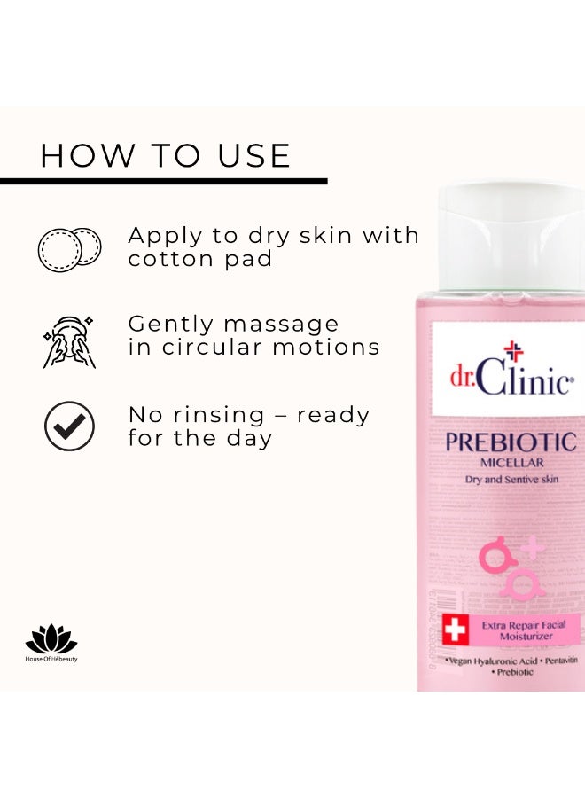 dr.Clinic DR. CLINIC | Prebiotic Micellar Water for Dry & Sensitive Skin | Gentle Makeup Remover & Hydrating Cleanser | Enriched with Pentavitin & Hyaluronic Acid | 400 ml - Image 4