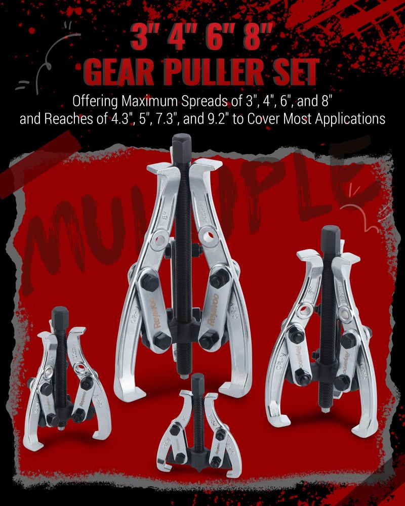 Reywoo Gear Puller Set, 3" 4" 6" 8" Bearing Puller Kit for Pulley Gear Bearing Flywheel Removal, Cr-V Steel 2 Jaw & 3 Jaw Gear Puller with Reversible Jaws - Image 2
