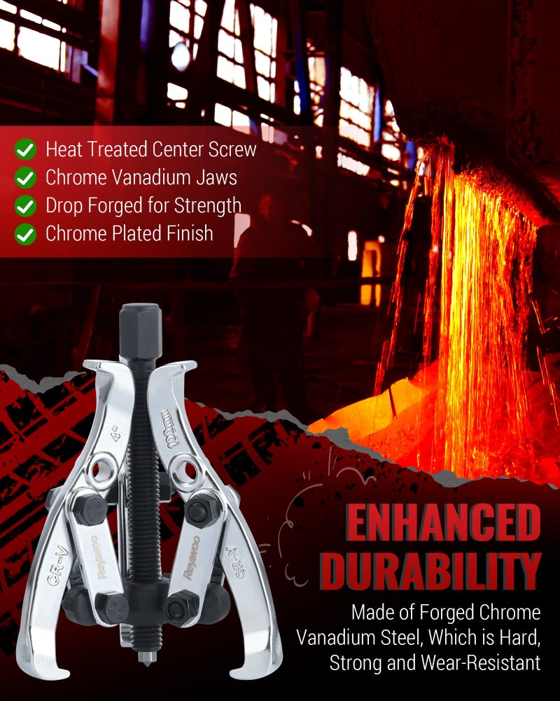 Reywoo Gear Puller Set, 3" 4" 6" 8" Bearing Puller Kit for Pulley Gear Bearing Flywheel Removal, Cr-V Steel 2 Jaw & 3 Jaw Gear Puller with Reversible Jaws - Image 4
