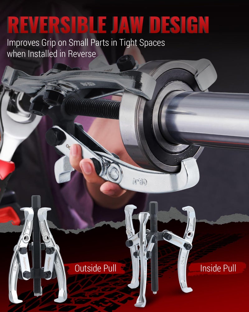 Reywoo Gear Puller Set, 3" 4" 6" 8" Bearing Puller Kit for Pulley Gear Bearing Flywheel Removal, Cr-V Steel 2 Jaw & 3 Jaw Gear Puller with Reversible Jaws - Image 5