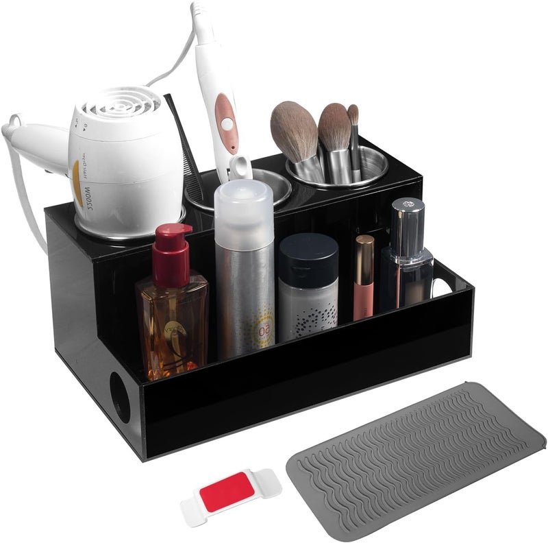 TPGP A & R Hair Tools Organizer - Black Acrylic Blow Dryer Holder with Heatproof Steel Cups - Image 1