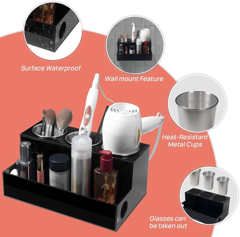 TPGP A & R Hair Tools Organizer - Black Acrylic Blow Dryer Holder with Heatproof Steel Cups - Image 4