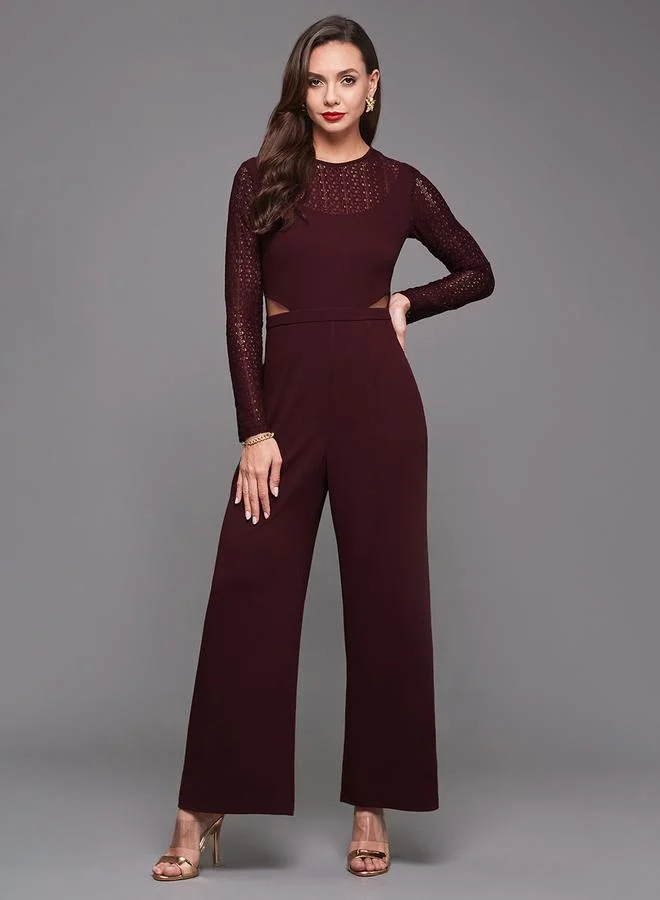 Styli Lace Insert Round Neck Wide Leg Jumpsuit with Cut-Out Detail