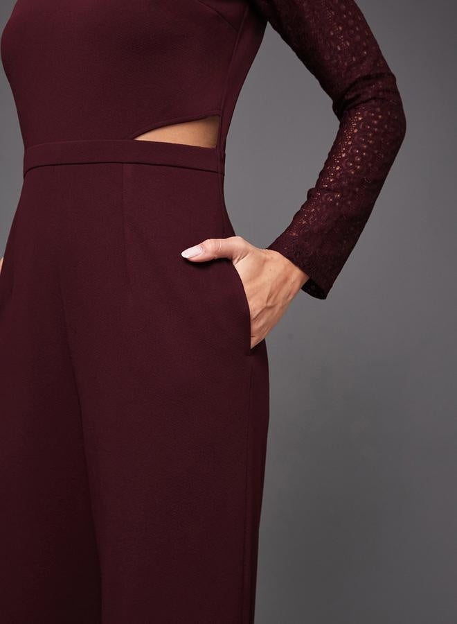 Styli Lace Insert Round Neck Wide Leg Jumpsuit with Cut-Out Detail  - Image 2