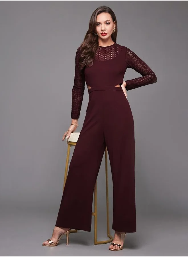 ستايلي Lace Insert Round Neck Wide Leg Jumpsuit with Cut-Out Detail