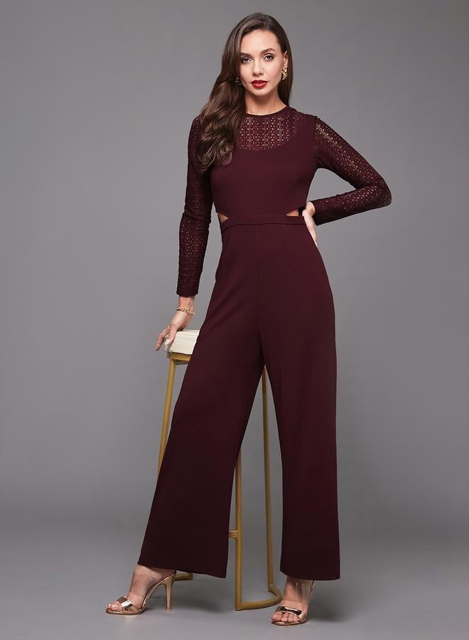 Styli Lace Insert Round Neck Wide Leg Jumpsuit with Cut-Out Detail  - Image 1