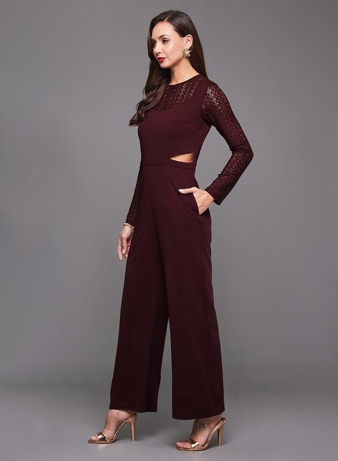 Styli Lace Insert Round Neck Wide Leg Jumpsuit with Cut-Out Detail  - Image 5