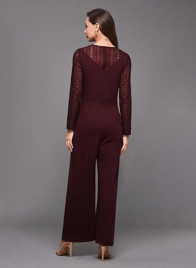 Styli Lace Insert Round Neck Wide Leg Jumpsuit with Cut-Out Detail