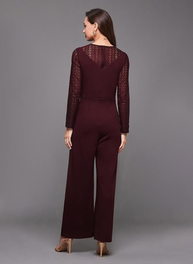 Styli Lace Insert Round Neck Wide Leg Jumpsuit with Cut-Out Detail  - Image 4