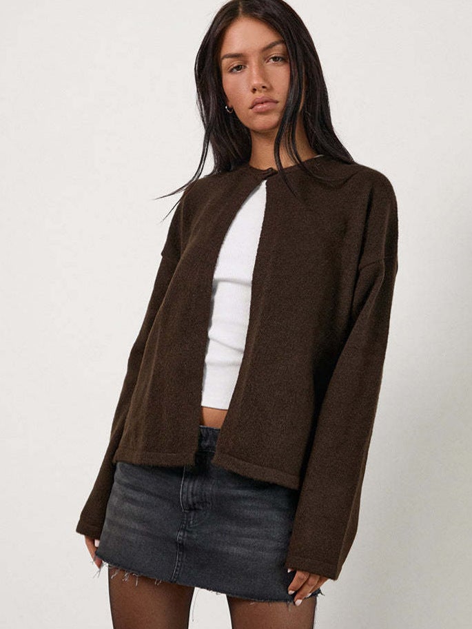 Style Simple Commuter Fashion One-Button Knitted Cardigan Solid Color Long-Sleeved Sweater Jacket - Image 3