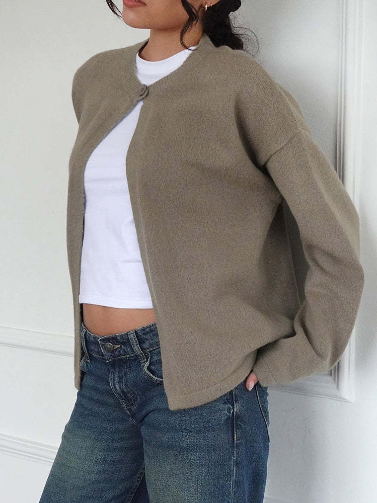 Style Simple Commuter Fashion One-Button Knitted Cardigan Solid Color Long-Sleeved Sweater Jacket - Image 5