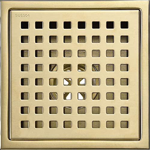 TRUSTMI 6 Inch Square Shower Floor Drain with Removable Grid Grate Cover, SUS 304 Stainless Steel,Brushed Gold - Image 1