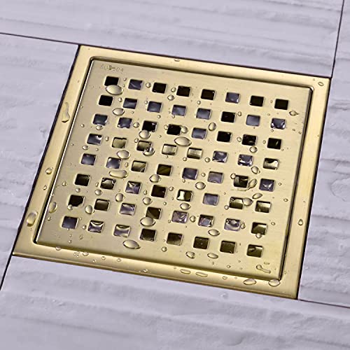 TRUSTMI 6 Inch Square Shower Floor Drain with Removable Grid Grate Cover, SUS 304 Stainless Steel,Brushed Gold - Image 2