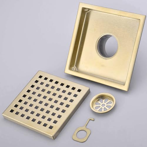 TRUSTMI 6 Inch Square Shower Floor Drain with Removable Grid Grate Cover, SUS 304 Stainless Steel,Brushed Gold - Image 4