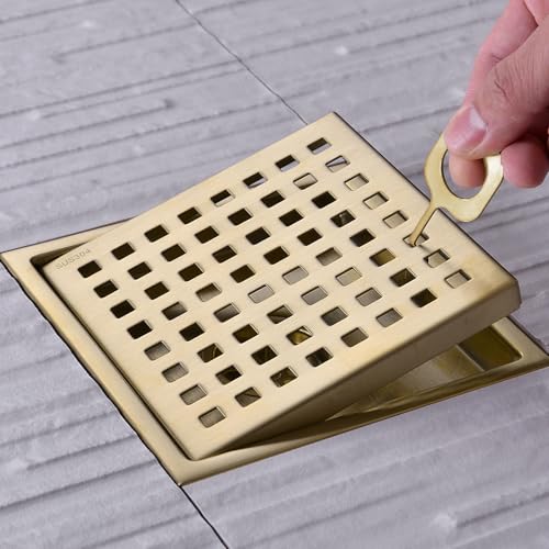 TRUSTMI 6 Inch Square Shower Floor Drain with Removable Grid Grate Cover, SUS 304 Stainless Steel,Brushed Gold - Image 5