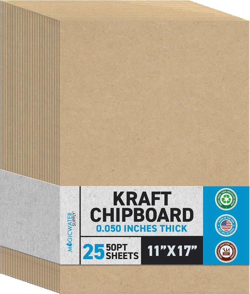 MagicWater Supply MagicWater Chipboard Sheet for DIY Projects - 11x17 Inch - 25 Pack - 50 pt - Heavy Duty Kraft (0.050 Inch Thick) Paperboard, for Scrapbooking, Books, Picture Frame Backing, Arts Project & Crafts - Image 1