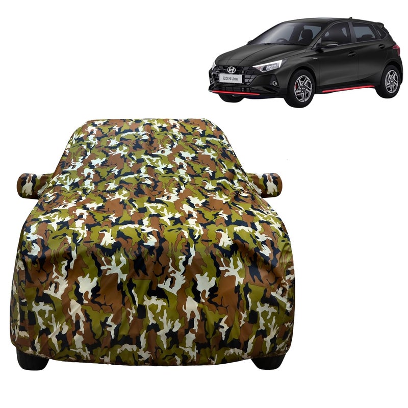 VYAS 100% Waterproof Car Body Cover for Hyundai I-20 N Line (2023-2025) with Mirror Pocket Triple Stitched Belt & Buckle Fitting Dual Elastic, Durable Material Jungle Print Camouflage Design - Image 1