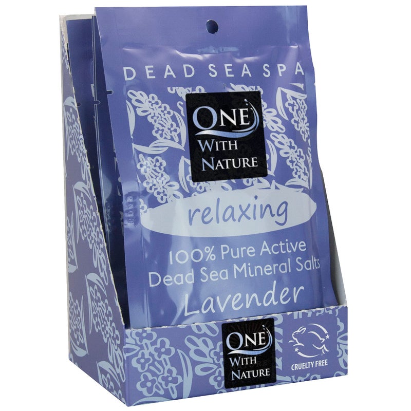 One With Nature 100% Pure Dead Sea Salt for Bath Lavender, 2.5oz 6Pack. High in 21 Essential Minerals, Such as Magnesium, Sulfur, Zinc, Potassium. Skin Nourishing and Therapeutic. - Image 1