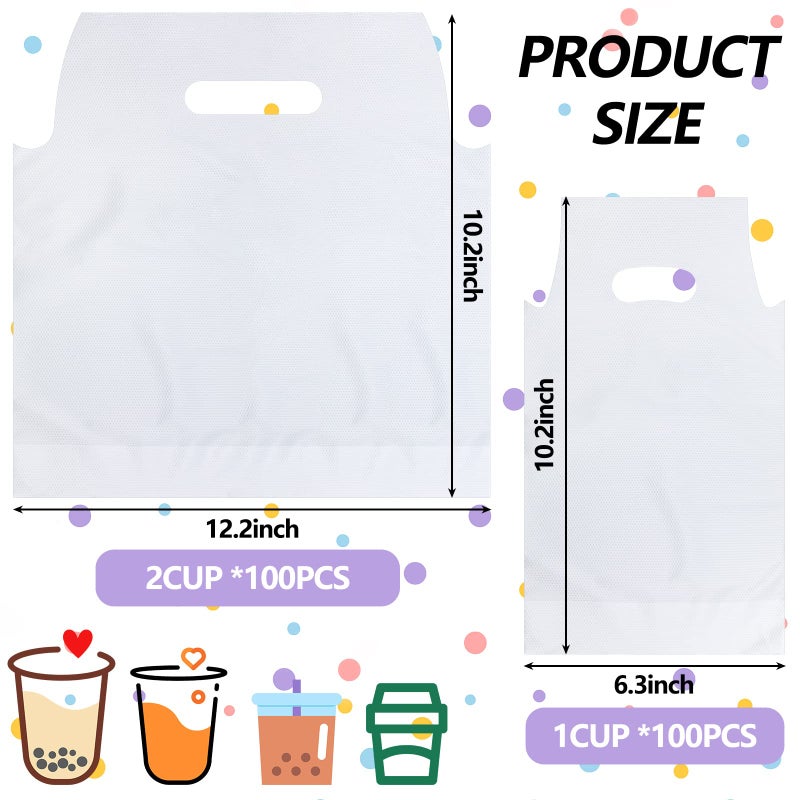 Tinlade 200 Pcs Clear Handle Drinking Poly Bags Bulk 2 Cup and 1 Cup Plastic Portable Cup Carrier Holder Bag Packaging Delivery Hanging Hole, 6.3 x 10.2, 12.2 x 10.2 Inch - Image 3