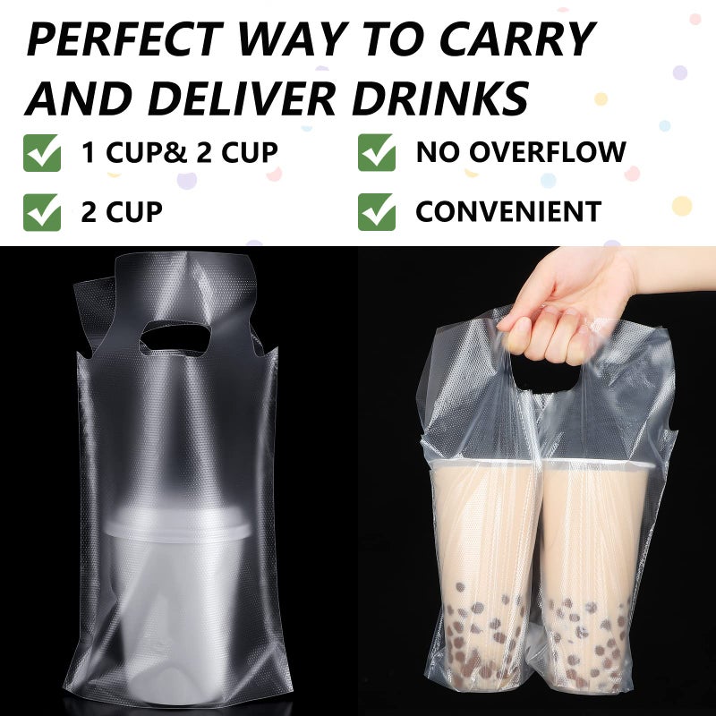 Tinlade 200 Pcs Clear Handle Drinking Poly Bags Bulk 2 Cup and 1 Cup Plastic Portable Cup Carrier Holder Bag Packaging Delivery Hanging Hole, 6.3 x 10.2, 12.2 x 10.2 Inch - Image 5