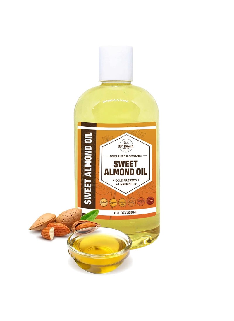 33RD PARALLEL SOAP CO. - ORGANIC SWEET ALMOND OIL 8 oz Premium Cold Pressed Unrefined  100 Pure Sweet Almond Oil for Skin Face Hair Soap Making  Carrier for Essential Oils  Available in Bulk  8 FL OZ - Image 1