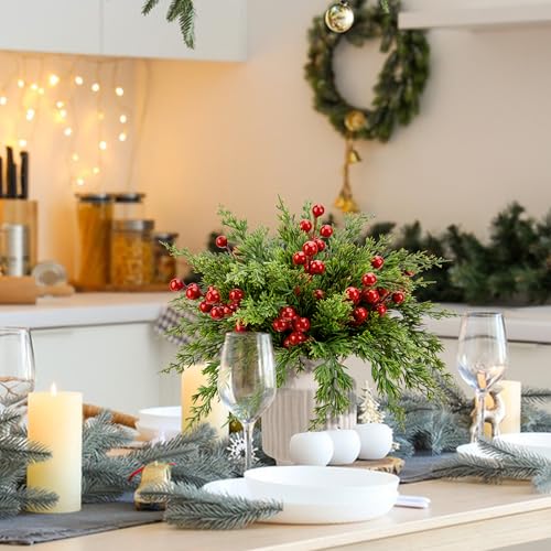 Watayo 60 Pcs Christmas Artificial Pine Branches with Red Berry Stems, 10.5" Faux Evergreen Norfolk Pine Cypress Leaves Stems, Fake Foliage Pine Needles Picks for DIY Craft Garland Home Decor - Image 5