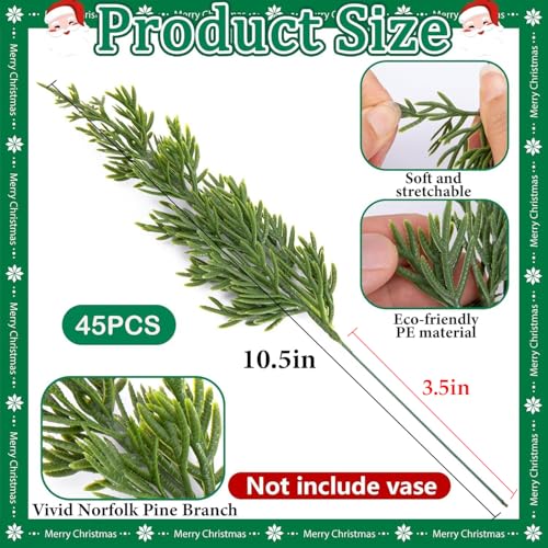 Watayo 60 Pcs Christmas Artificial Pine Branches with Red Berry Stems, 10.5" Faux Evergreen Norfolk Pine Cypress Leaves Stems, Fake Foliage Pine Needles Picks for DIY Craft Garland Home Decor - Image 2